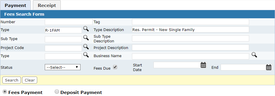 Payment Manager Fees Search Form