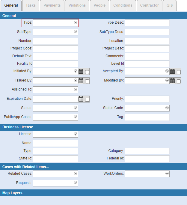 Search General Tab Type Drop-down