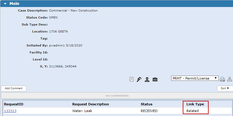 View of Request Linked Case on the Main Panel of a Parent Case