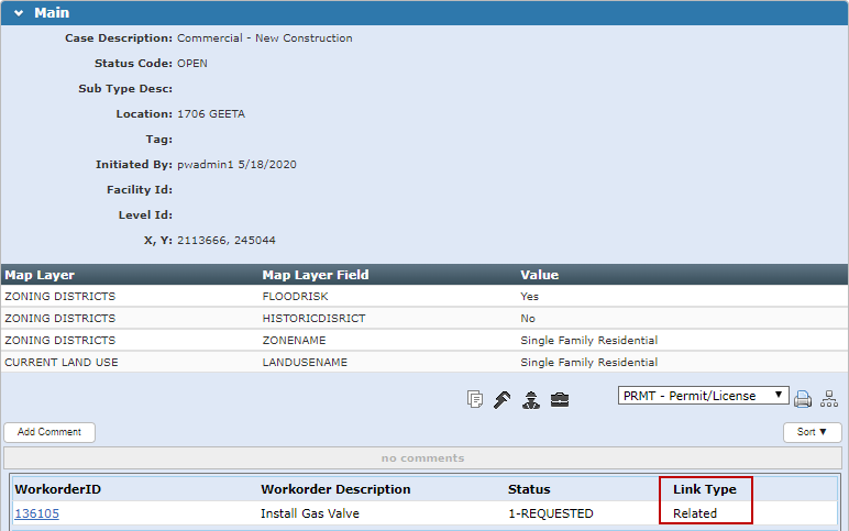 View of Work Order Linked Case on the Main Panel of a Parent Case